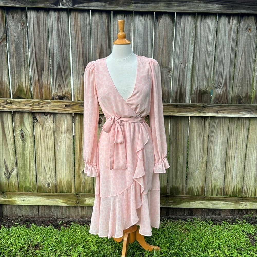 LPA pink leopard chiffon ruffle wrap duster dress - size small - Picture 5 of 12